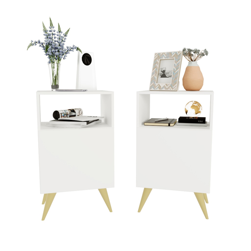 Kit 2 Mesas de Cabeceira Retrô Quarto Cama Rapallo Branco