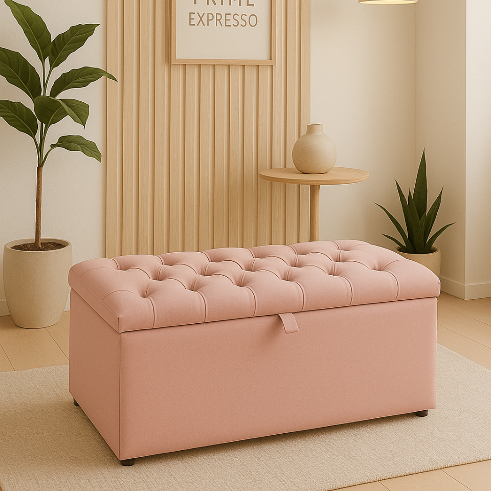 Baú Organizador Puff Estofado 90x40x42cm Multiuso com Tampa Desenhada para Sala,Quarto e Decoração