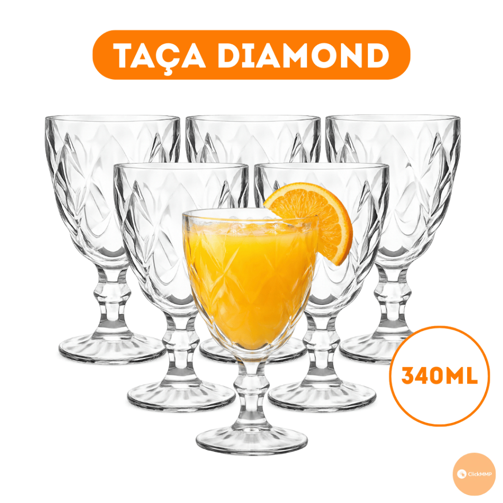 Kit 3/6/12 Taças Copo Diamond Vidro Transparente Para Bebidas 340ml