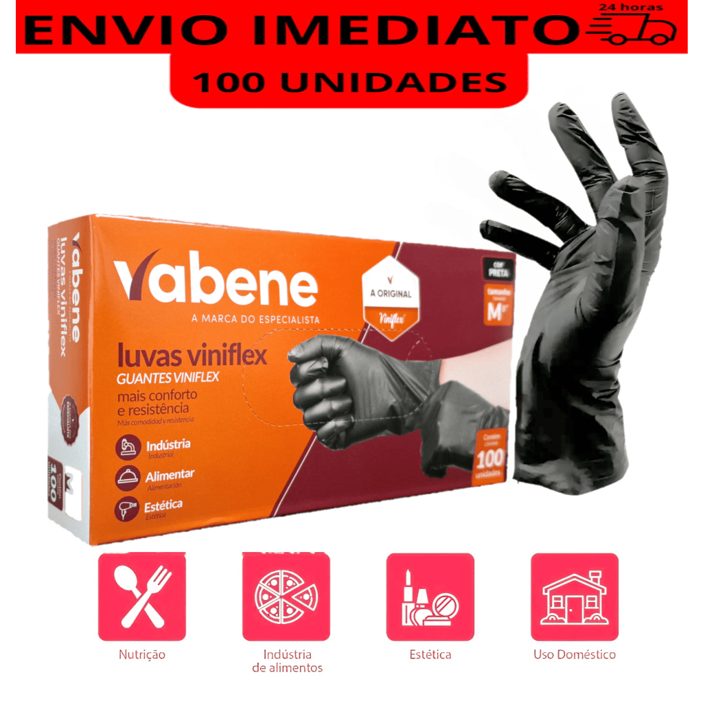 Luvas descartável preta viniflex sem pó P M G GG Vabene TPE - 100 unidades