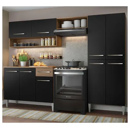 Armário De Cozinha Modulada Completa Compacta Emilly Pop Com Armário E Balcão Cor Rustic/preto Grem229002 Rústico/preto