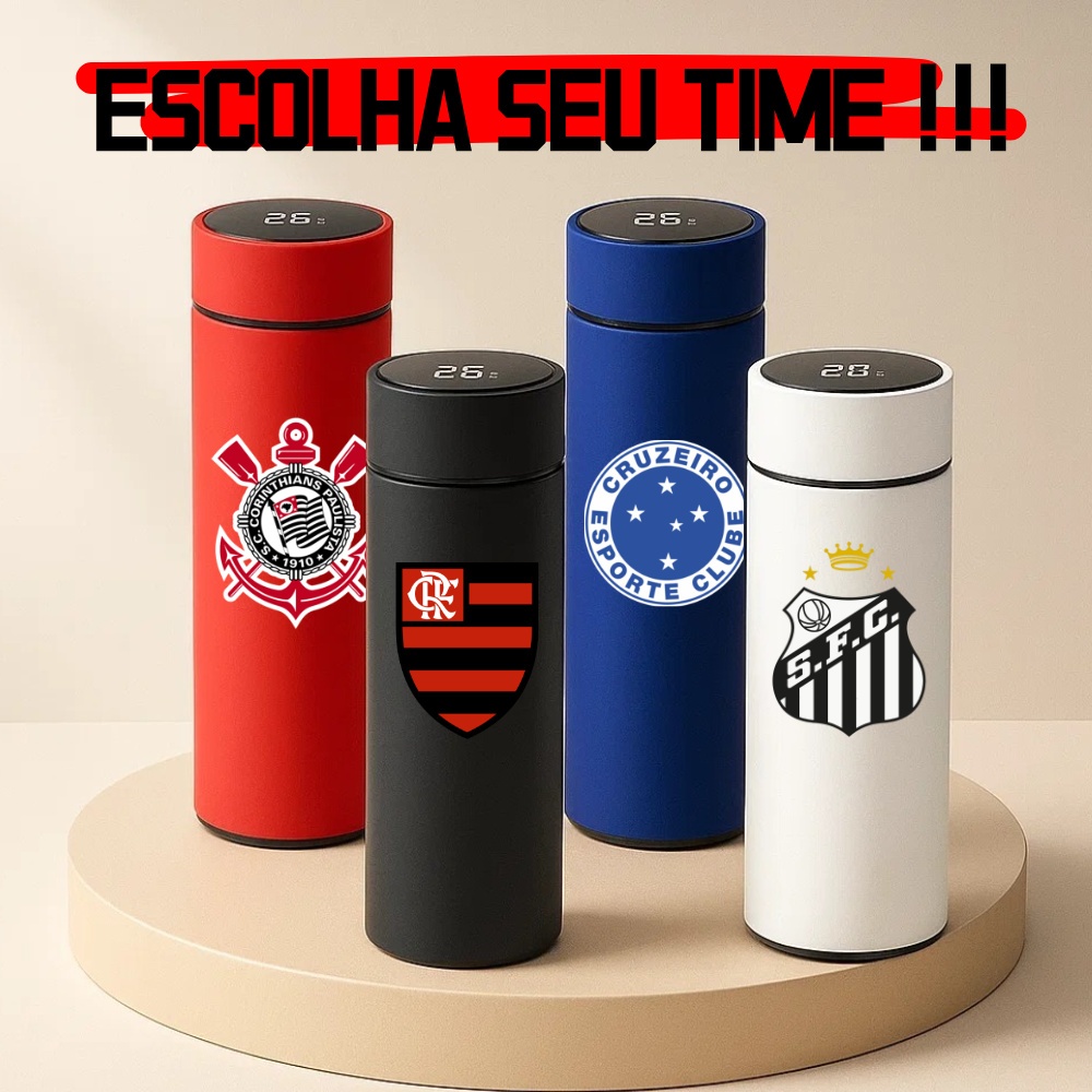 Garrafa Térmica Time de Futebol Corinthians Palmeiras etc com Medidor De Temperatura Digital Led 500ml