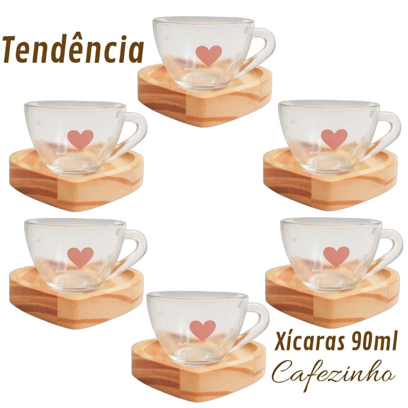 Jogo Xícaras de Café Pires de Madeira Coração Cantinho do Café Nescafe Dolce Gusto Expresso