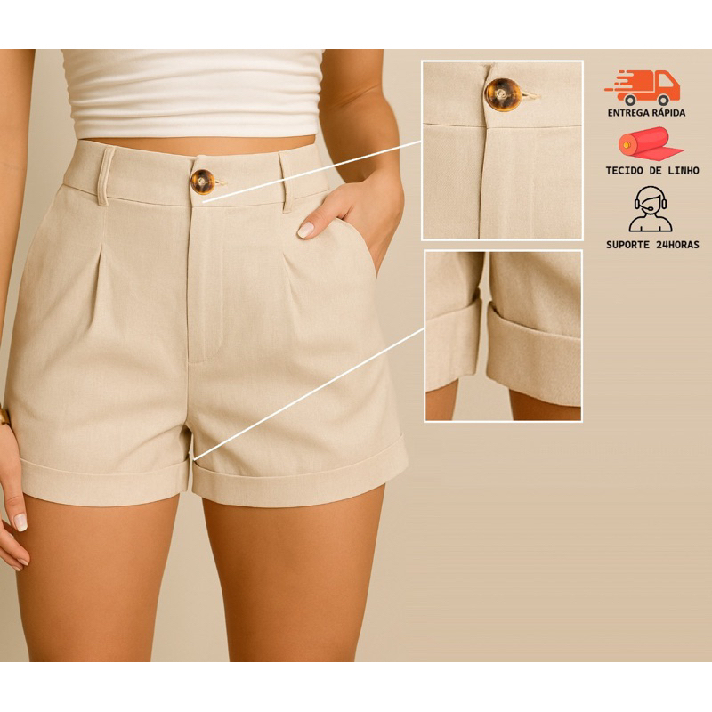 Short Feminino Linho Social Cintura Alta Com Botão e Zíper Detalhe Na Barra Caimento Perfeito Verão