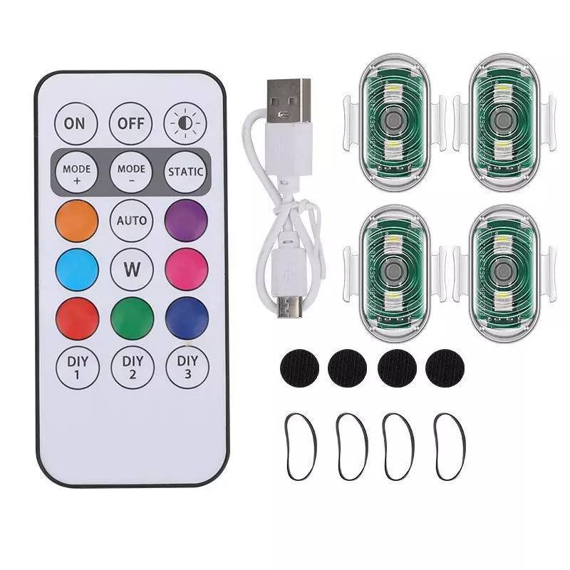 4 PCS RGB LED Luzes Estroboscópicas Com Controle Remoto Sem Fio Para Motocicleta , Sinal De Carro , Drone , 8 Cores