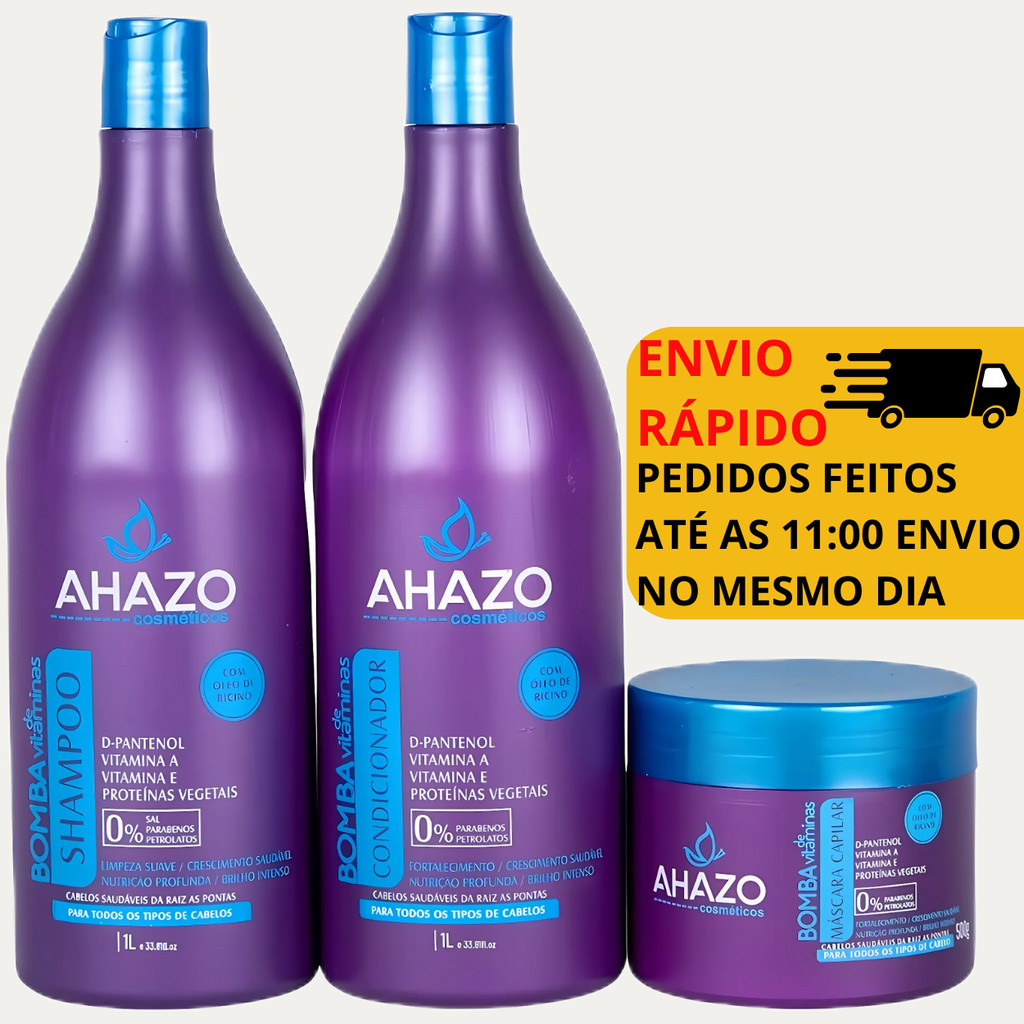 Kit shampoo e condicionador Bomba de vitaminas 1L e Máscara 500g crescimento e hidratação Ahazo