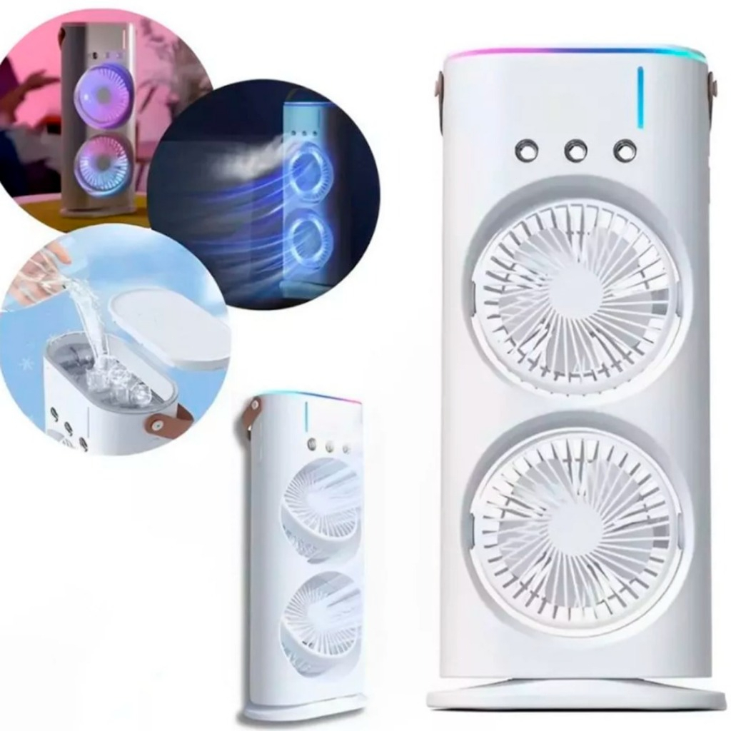 Ventilador Umidificador Duplo Torre 3 Velocidades Portátil Climatizador Led Ar Condicionado USB