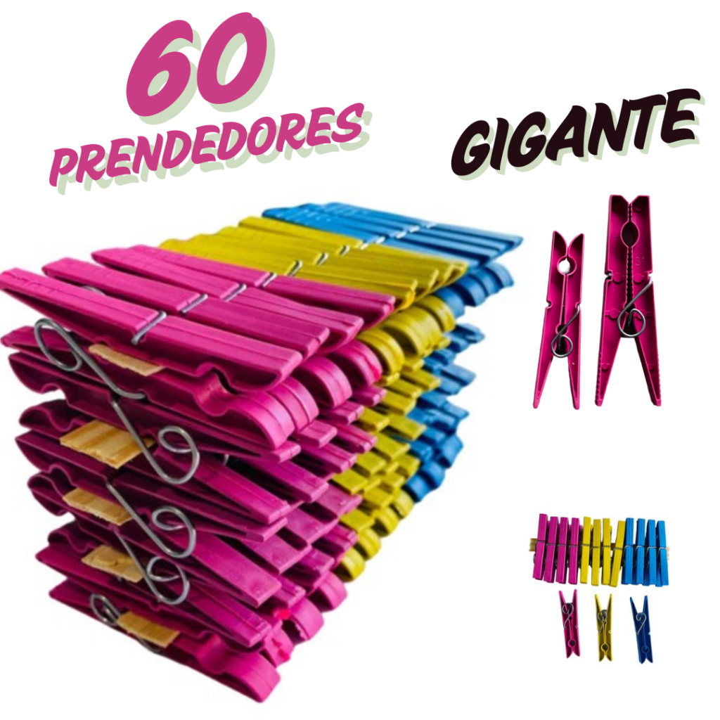 Kit com 60 / 48 / 36 / 24 / 12 Pregadores de Roupa em Plástico GIGANTE Reforçado - Cores Sortidas