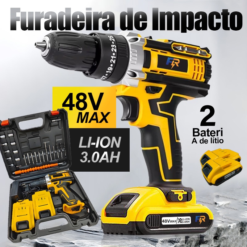 Furadeira Parafusadeira Impacto de Elétrica Sem Fio 48V 2 Baterias 3 funções Kit Completo Acessórios