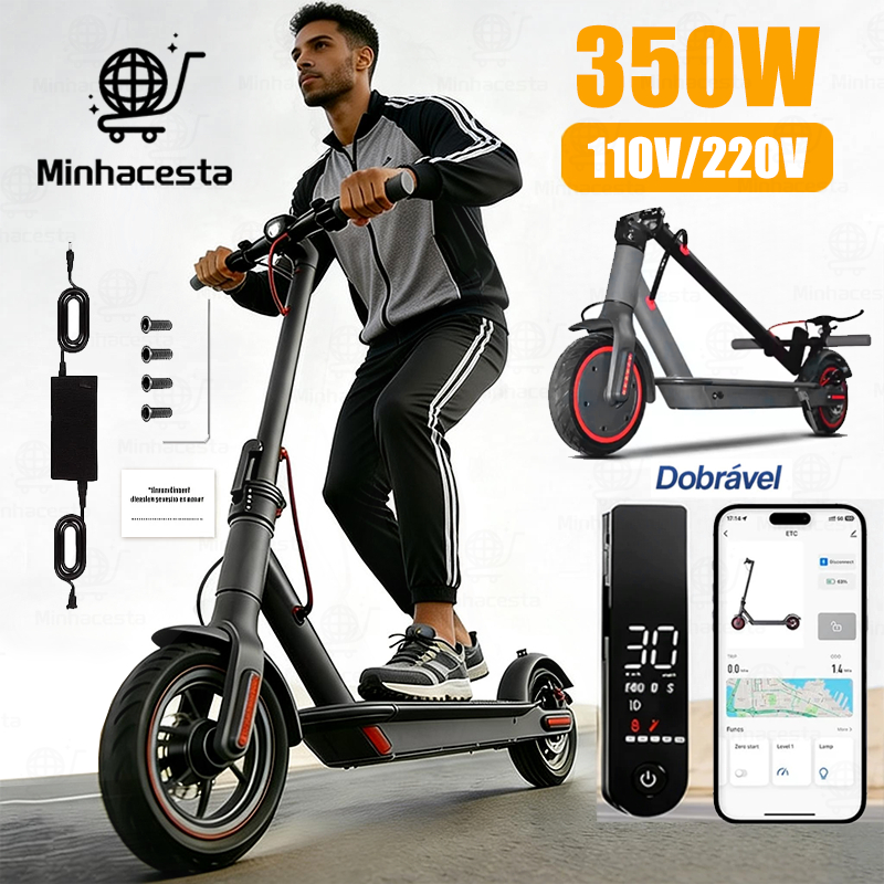 Scooter Eletrica Patinete Eletrico Dobrável Capacidade de App Bluetooth 350W E Luz LED Sinalização