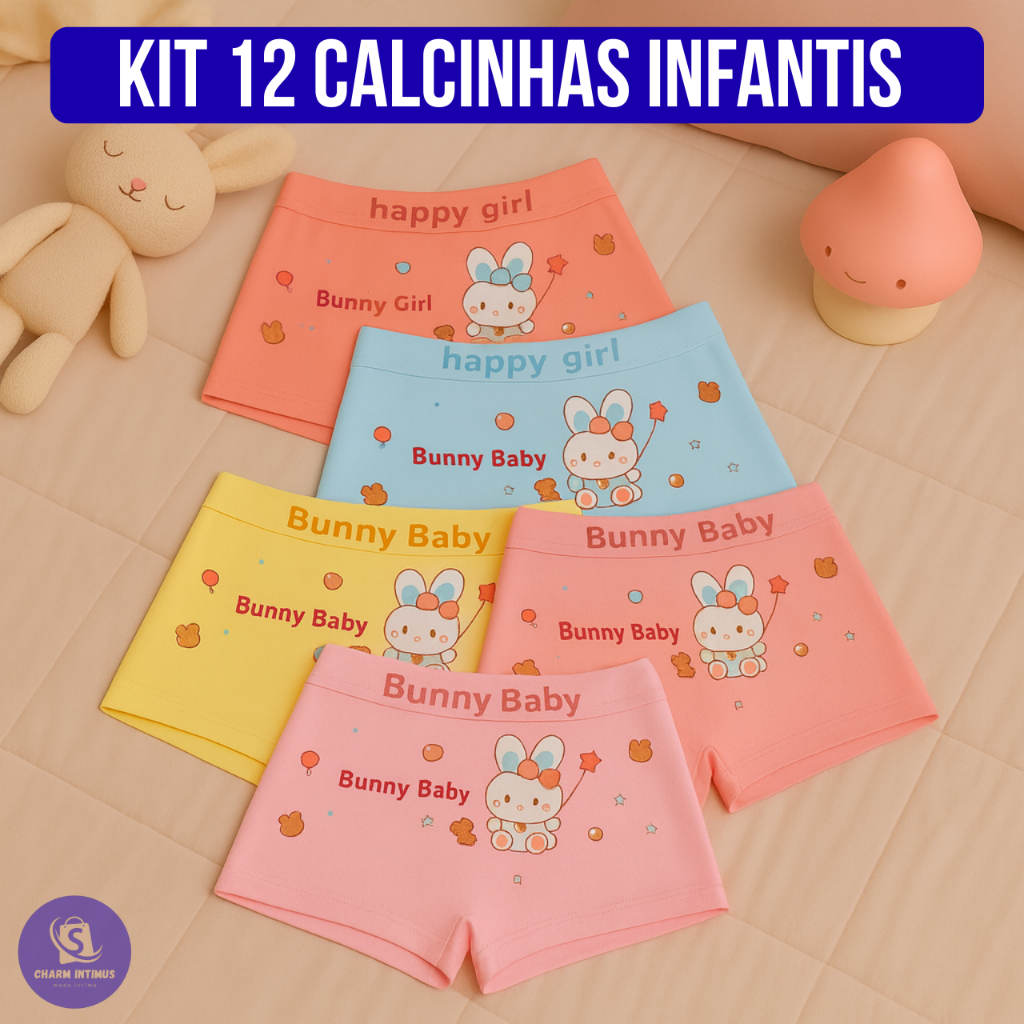 Kit Até 12 Calcinhas Boxer Infantil Estampada Respirável Cores Sortidas