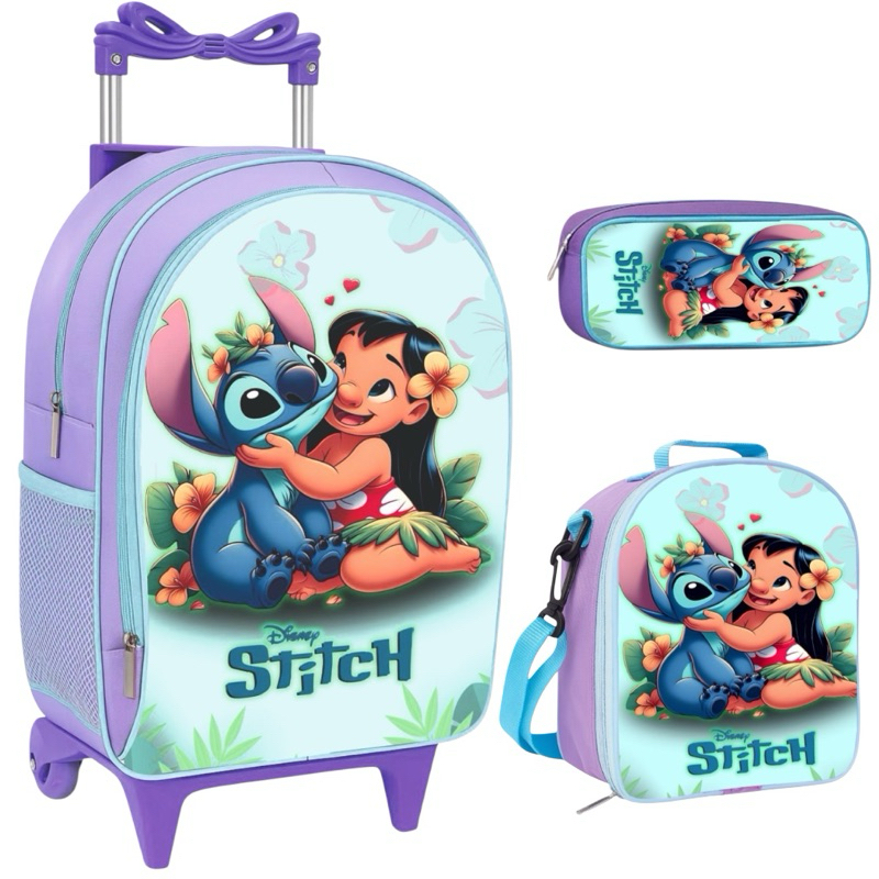 Kit escolar Mochila Infantil Rodinha Feminina Lilo e Stitch Escolar + Lancheira Termica + Estojo