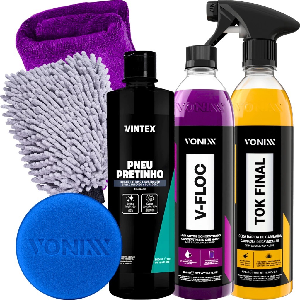 Kit Pneu Pretinho Shampoo V-Floc Cera Tok Final Carnauba Vonixx Oferta de Carnaval
