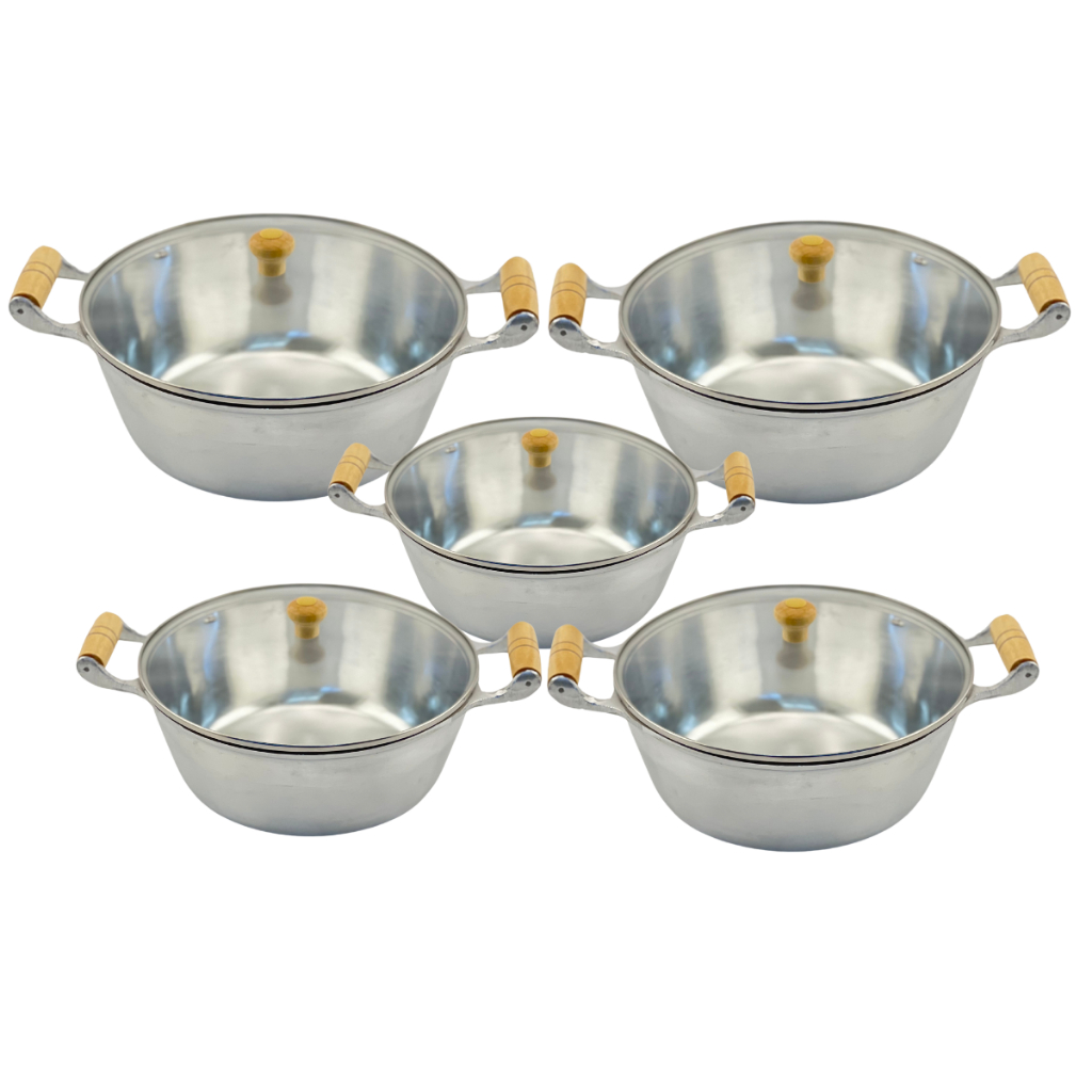 Jogo De Panela Polido Tampa De Vidro Temperado Alumínio Fundido Grosso Cabo Madeira Marfim