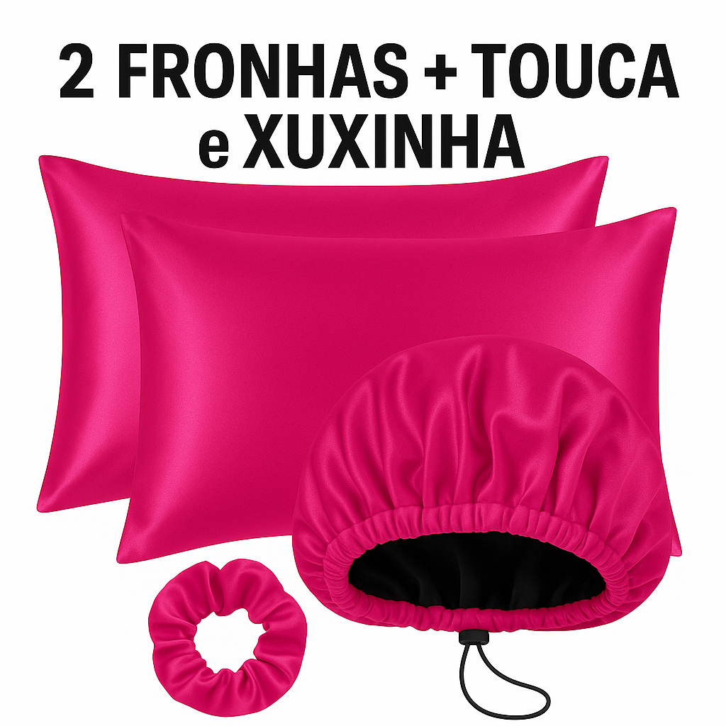 Kit Cetim Antifrizz  2 Fronhas 70x50+Touca Dupla Face Regulável+Scrunchie Elástico para Cabelo Cacheado e Liso