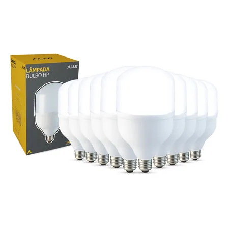 Kit 10 Lâmpada Led Bulbo 50w E27 Alta Potência Industrial Bivolt 6500k Frio Alut 127/220v