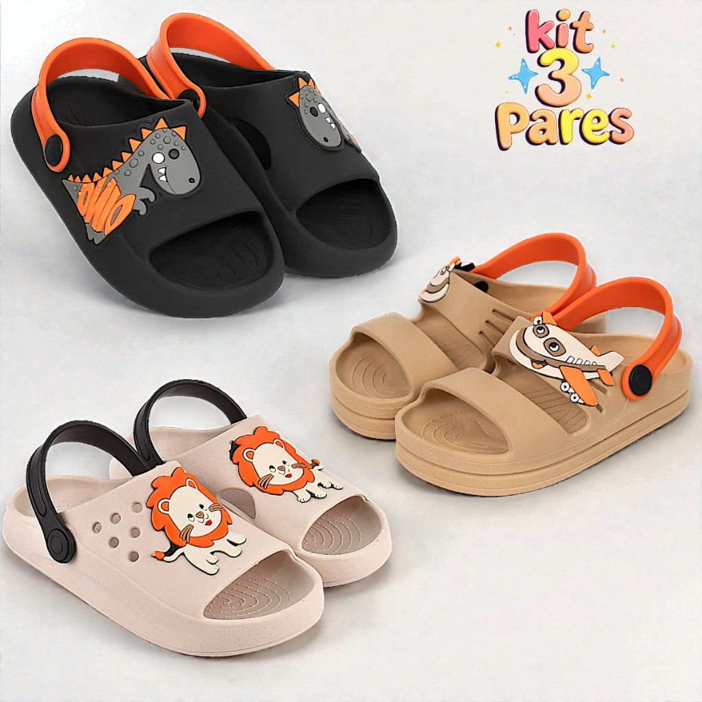Kit 3 Pares Sandália Papete Infantil Menino Confortável Promoção