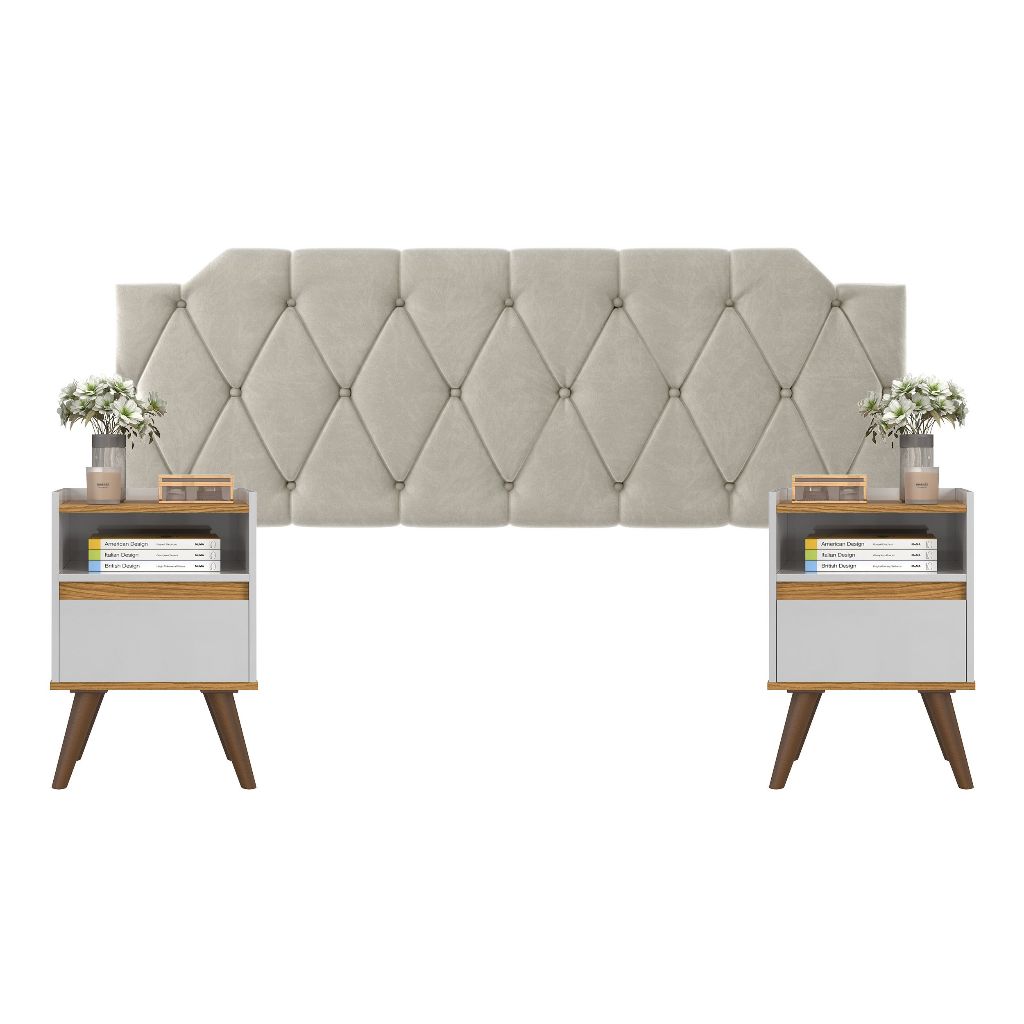 Conjunto Mesa De Cab Com Gaveta + Cabeceira Estofada Box Para Cama Queen