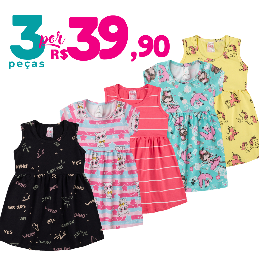 Vestido Infantil De Cotton Kit 3 Peças Sortidas