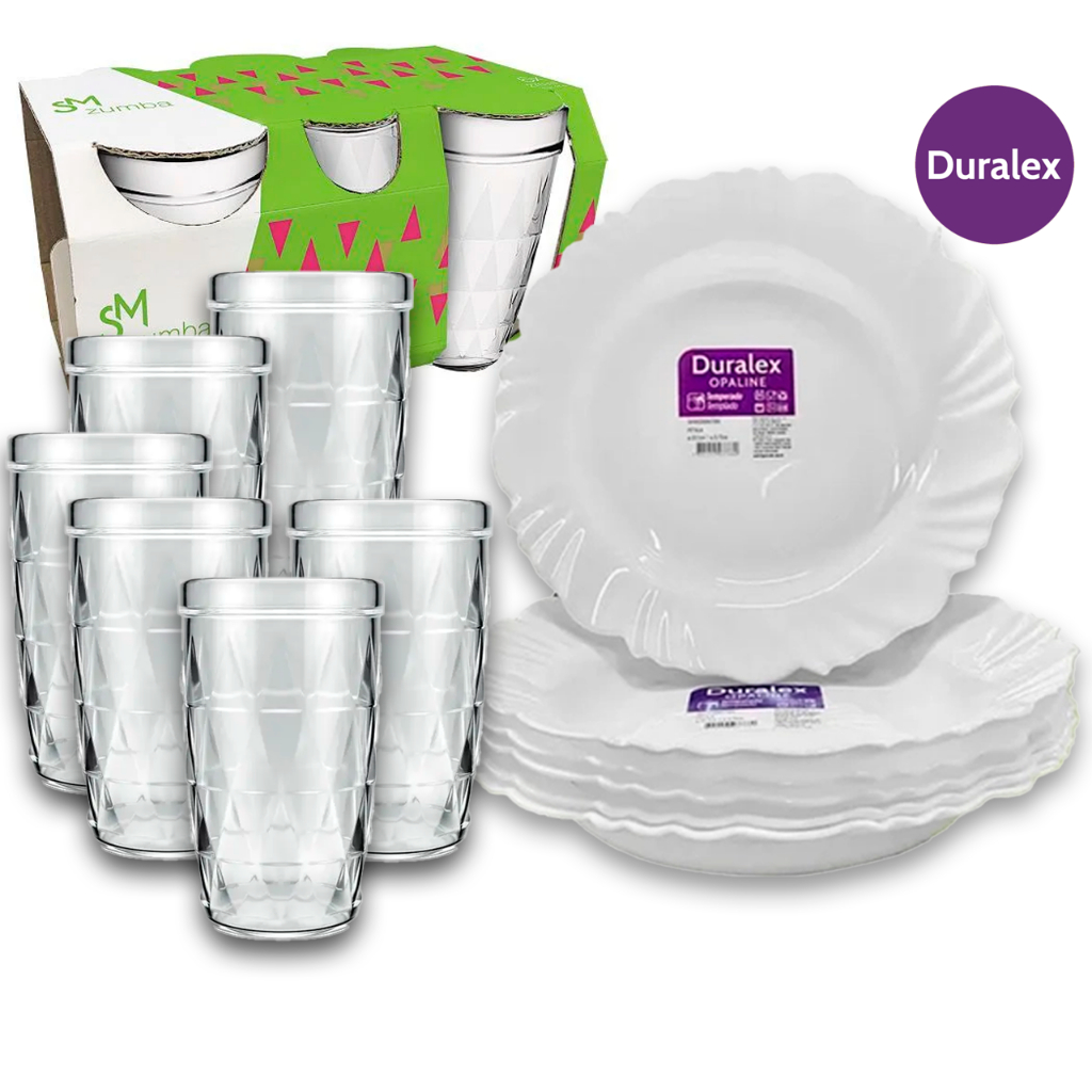KIT 12 Peças 6 Pratos Petala Fundo Opaline Duralex e 6 Copos Zumba 270ml Vidro freezer, geladeira