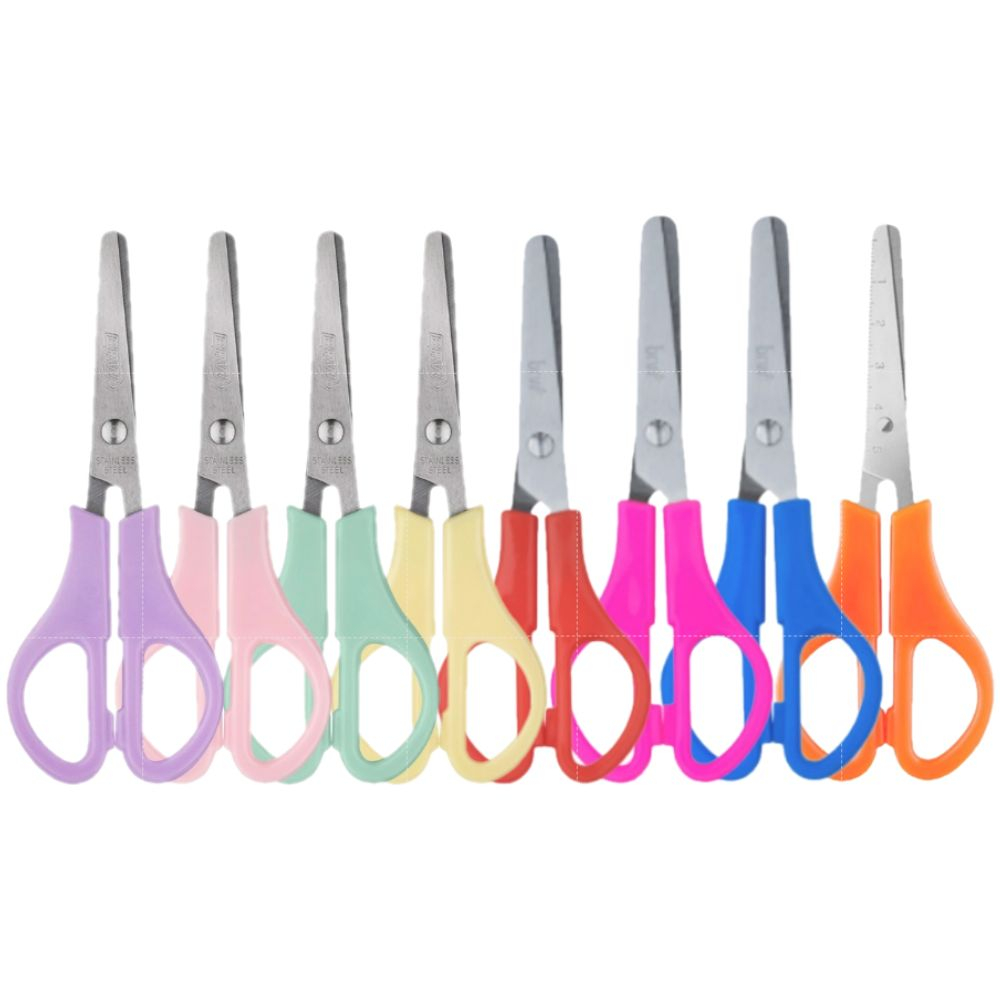 Tesoura Escolar Com Régua BRW Aço Ponta Redonda - Neon/Pastel