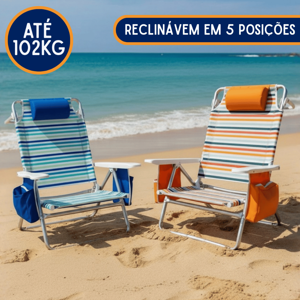 Cadeira De Praia Piscina Dobrável Resistente Reclinável 5 Posições Com Porta Objetos Encosto Cabeça