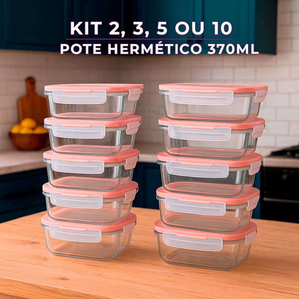 Kit Potes Hermético 370ml 2 3 5 ou 10 Unidades Vidro Retangular 4 Travas