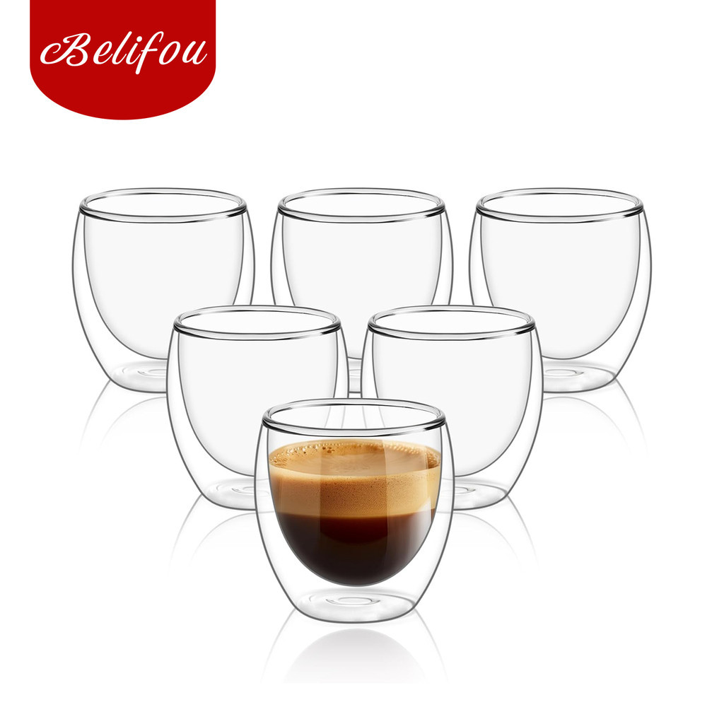 Belifou  6Pcs  Caneca De Vidro Café Dupla Isolamento Térmico 80ML