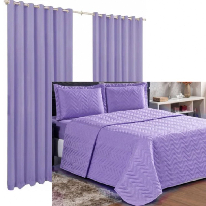 Kit Quarto 4 Peça - Cobre leito Império + Cortina Roma 3 metros + 2 Porta travesseiro Jogo de cama Decoração de quarto