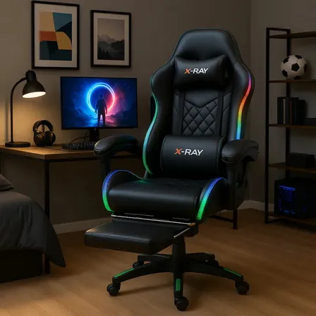 Cadeira Gamer E Escritório X-ray Fit Com Led Rgb Ergonômica Cor Preta Material Do Estofamento Couro Sintético