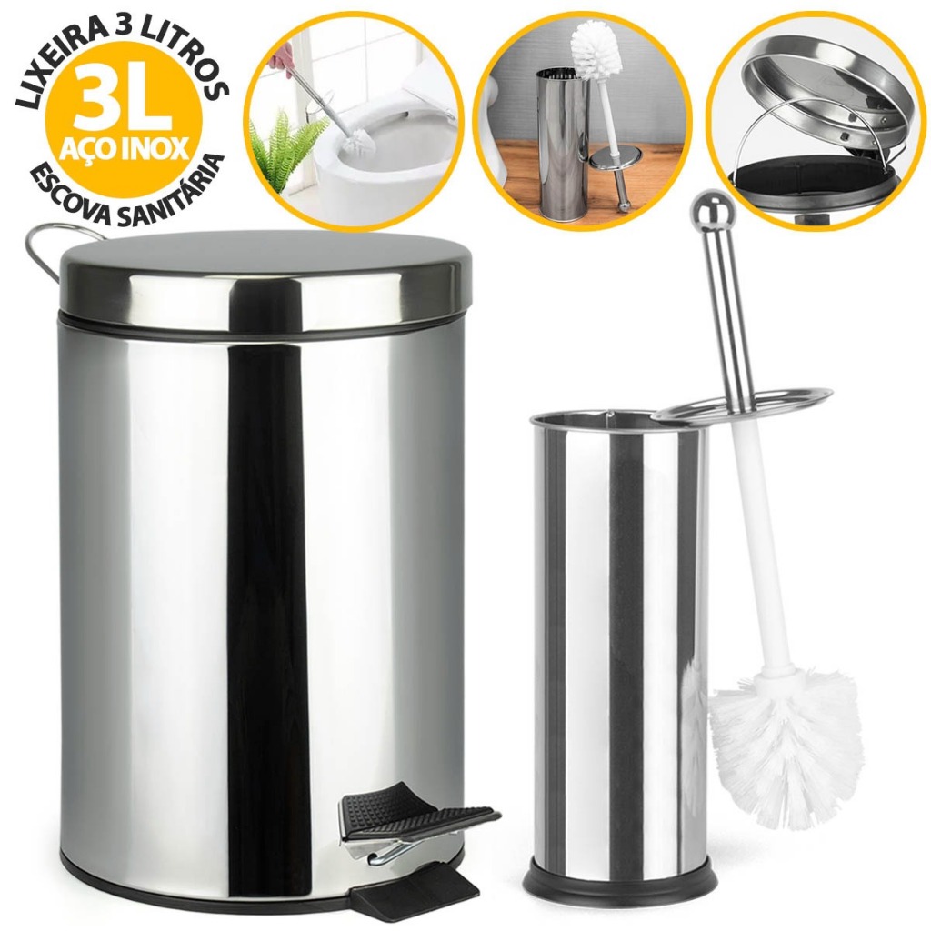 Kit de Banheiro Lixeira de Aço Inox Cesto De Lixo 3 5 Litros 100% C/Pedal + Escova Sanitária Suporte Privada Sanitário