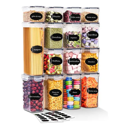 Vie Idéale Kit 15 Potes Herméticos Mantimentos Quadrado Cozinha Tampa Trava Branco