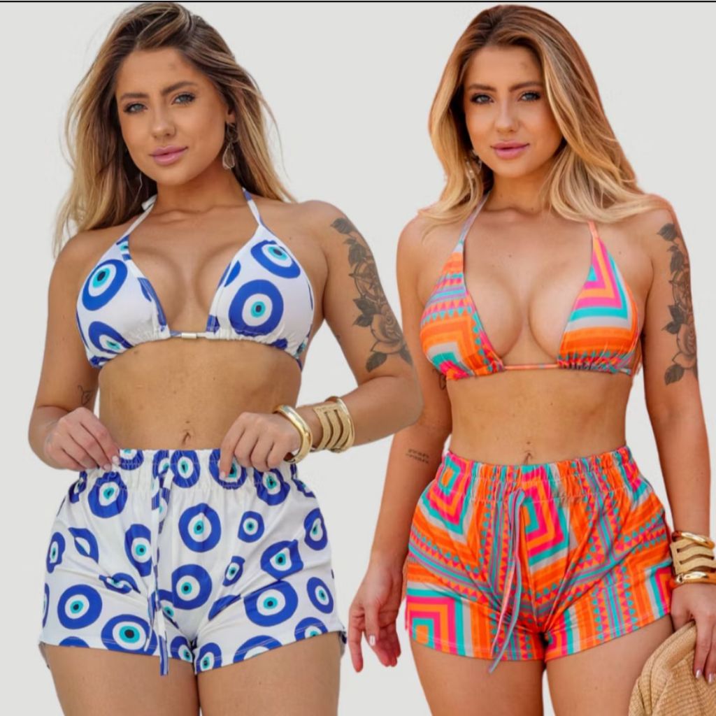 Biquini Com Shorts Conjunto Trikini 3 Peças  Praia Moda Tendência saída feminina lançamento
