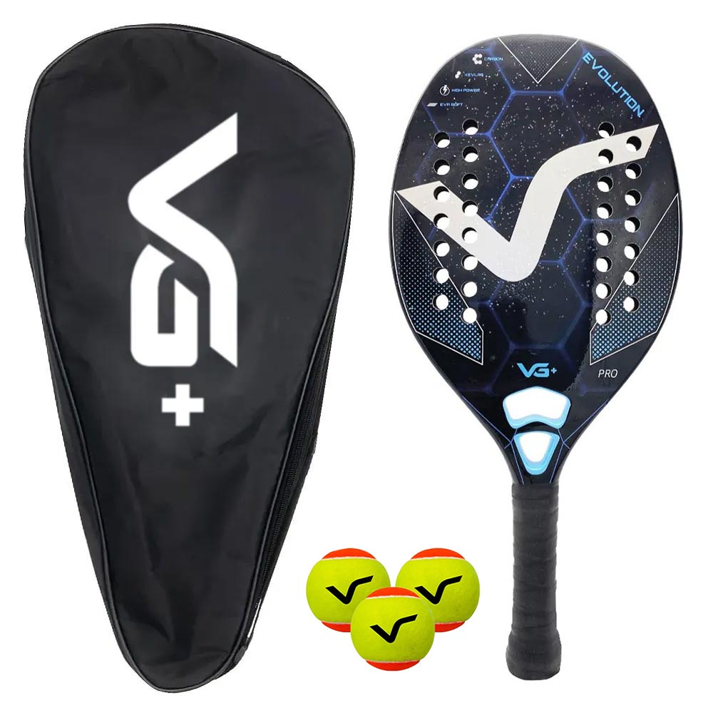 Kit com Raquete de Beach Tennis Evolution Kevlar Carbon com 3 Bolas e 1 Bolsa de Transporte VG Plus