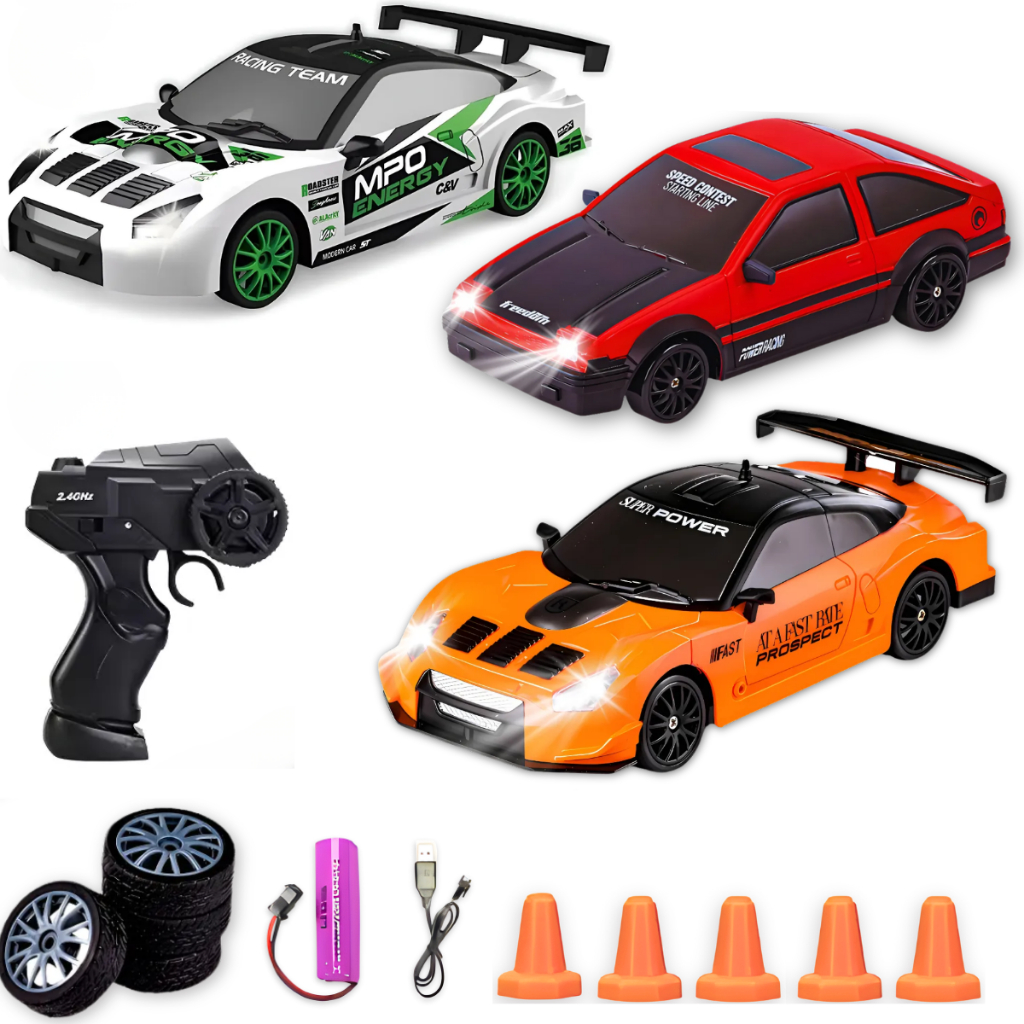 Carro de Controle Remoto Drift Real + Acessórios c/ Farol Funcional Infantil Brinquedo Menino Natal