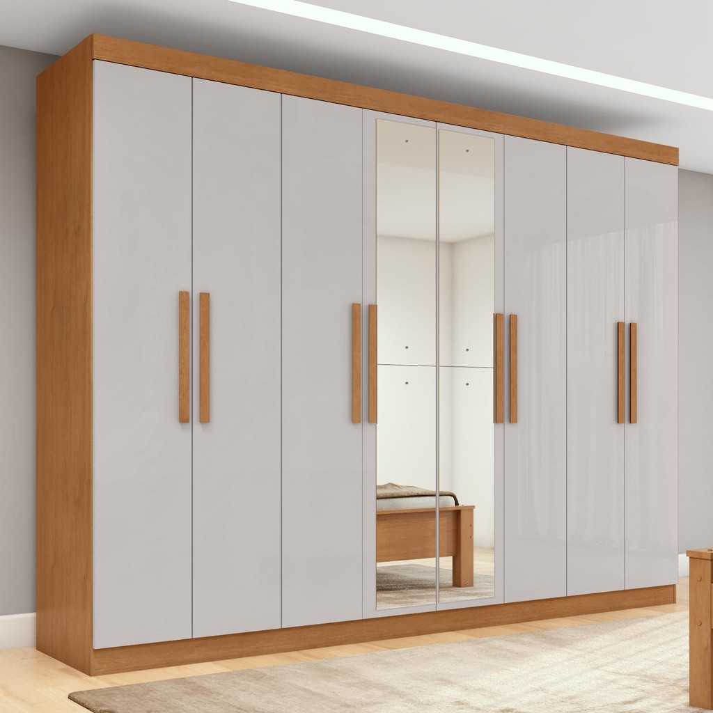 Guarda-roupa Casal Easy Slim 8 Portas Com Espelho Amendoa Clean/Off White