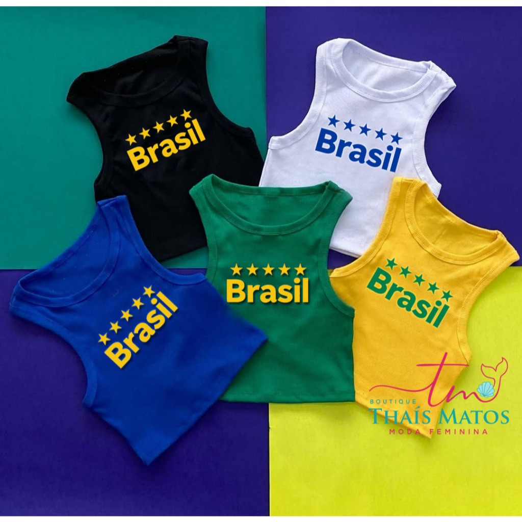 Camiseta Regata Top Cropped Brasil Copa do Mundo Canelada Premium Cores Vivas Verão