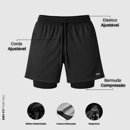 Bermuda Dupla Masculina Compreensão 2 Em 1 Short Esporte