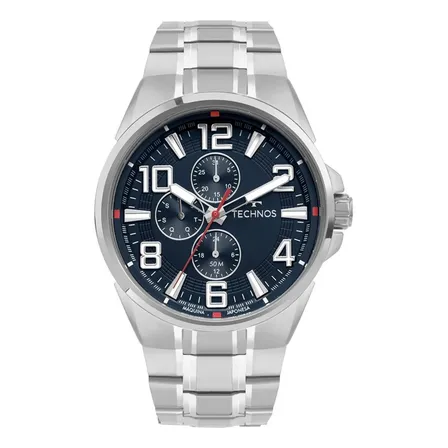 Relógio Technos Skymaster Prata Masculino Aço Inoxidável Fundo Azul 50m
