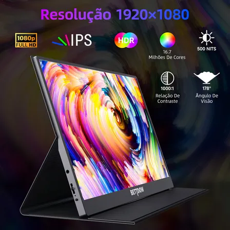 Monitor Portátil Bettdow Brand/ Full Hd Ips 15.6 Compatível Com A Cor Preta Hdmi/tipo C/ Usb C Extendida Psp Gamer Plug... Preto 127/220v