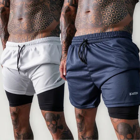 Kit 2 Shorts 2 Em 1 Masculino Dryfit Academia Branco E Azul Liso G